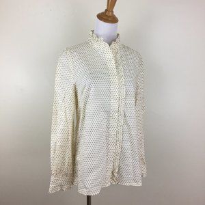 NWOT COMME TOI Cream Taupe Polka Dot Ruffle Detailing Long Sleeve Button Shirt